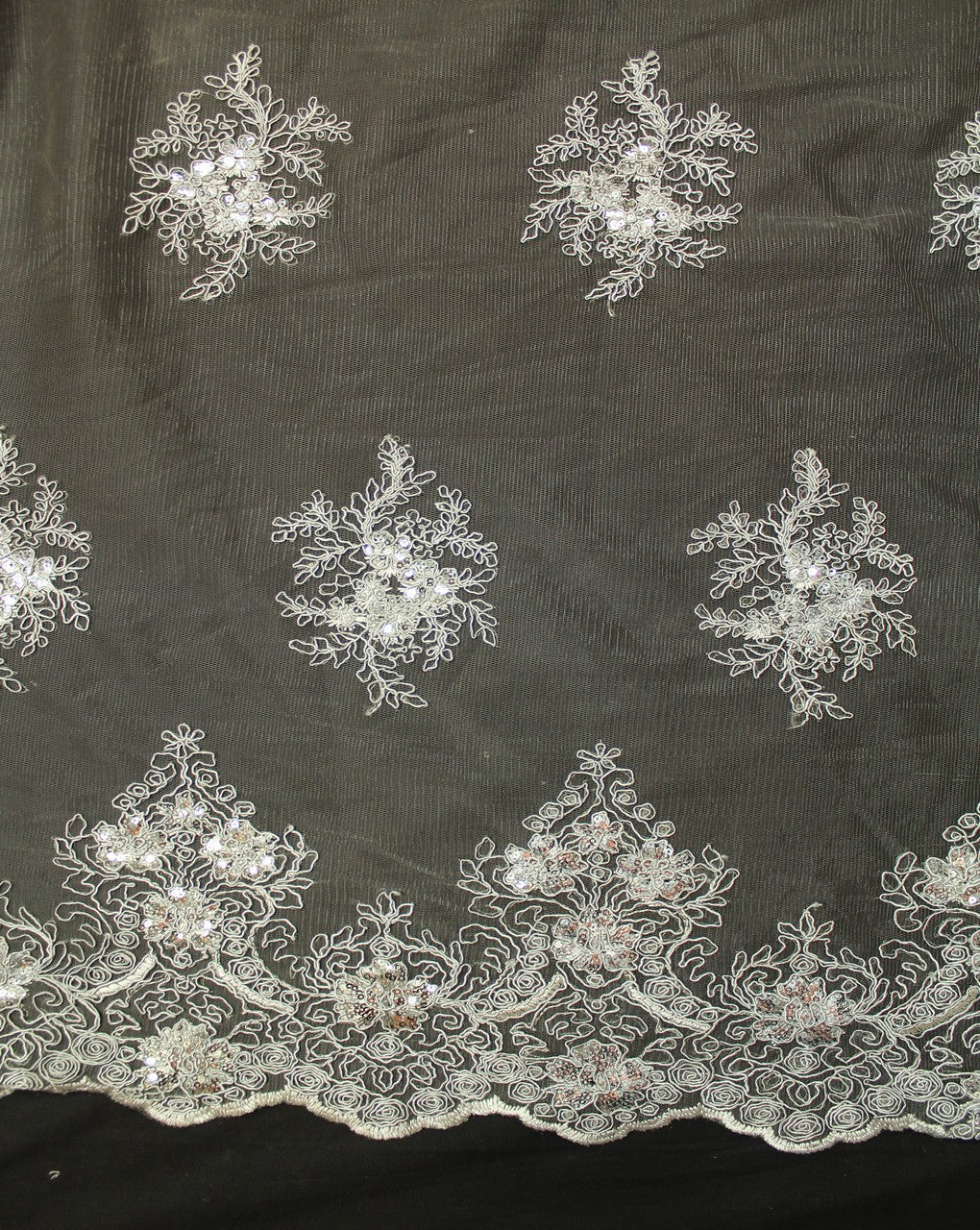 Grey And Silver Floral Design Polyester Net Embroidered Fabric