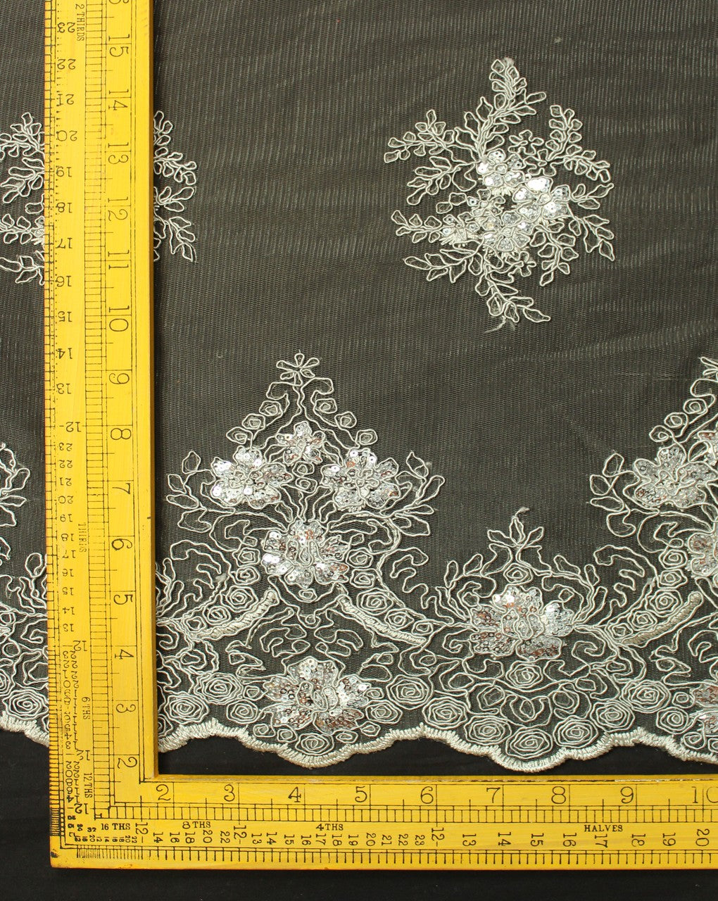 Grey And Silver Floral Design Polyester Net Embroidered Fabric