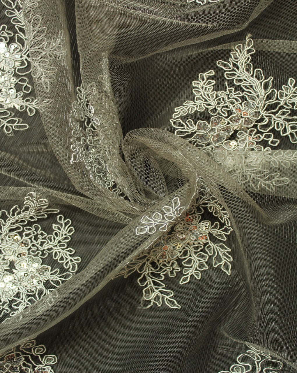 Grey And Silver Floral Design Polyester Net Embroidered Fabric