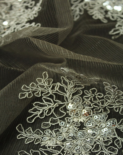 Grey And Silver Floral Design Polyester Net Embroidered Fabric