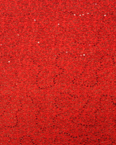 Red And Red Abstract Design Polyester Net Embroidered Fabric