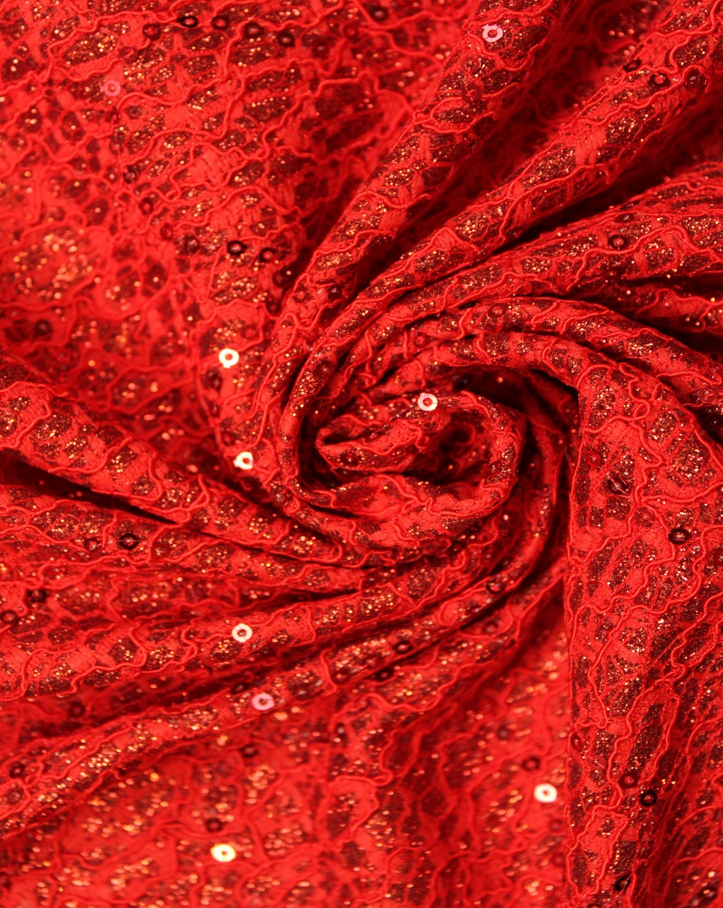 Red And Red Abstract Design Polyester Net Embroidered Fabric