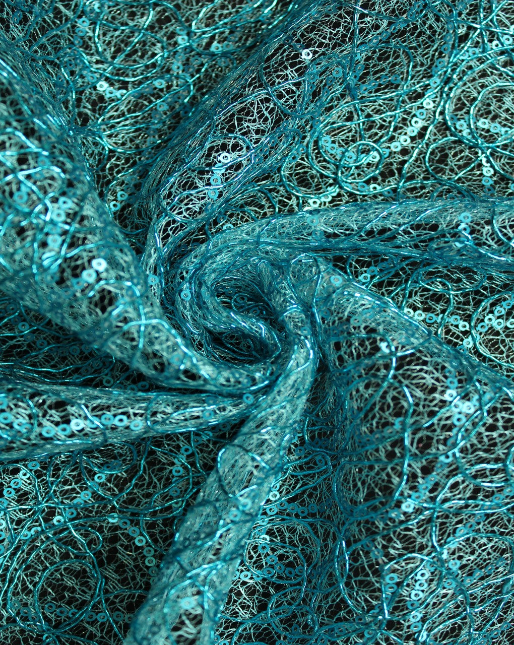 Blue And Blue Abstract Design Polyester Net Embroidered Fabric