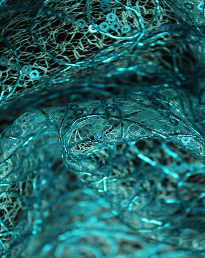 Blue And Blue Abstract Design Polyester Net Embroidered Fabric