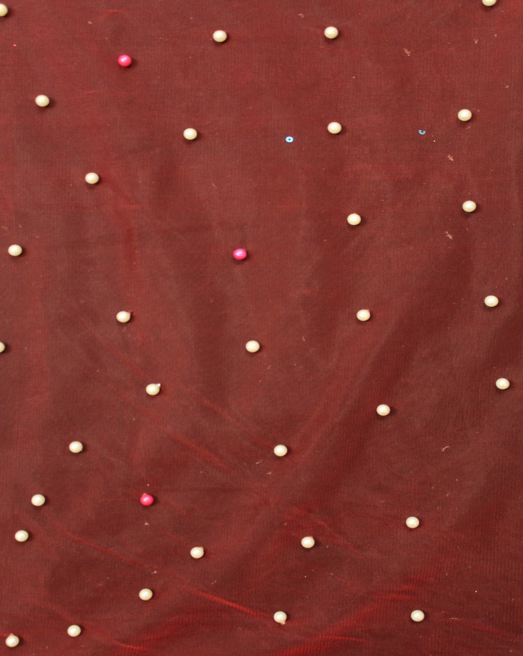 Red And White Pearl Polyester Net Embroidered Fabric