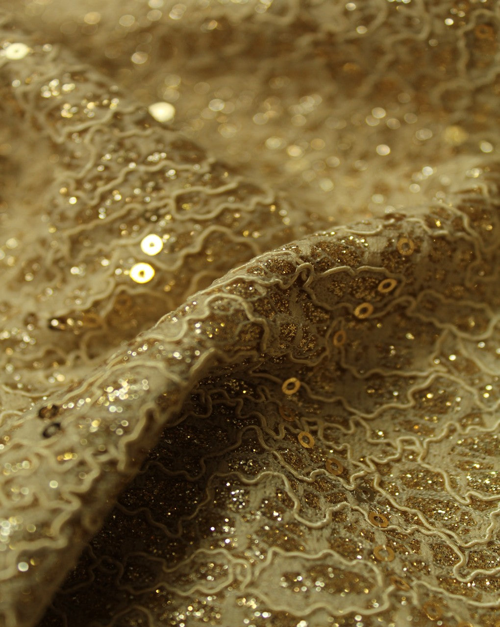 Cream And Gold Polyester Net Embroidered Fabric