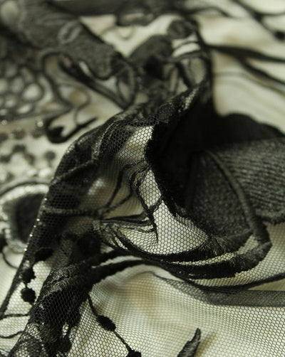 Black And Silver Abstract Polyester Net Embroidered Fabric