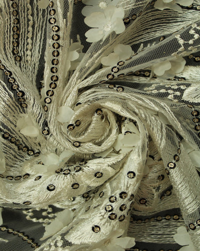 White And Black Floral Polyester Net Embroidered Fabric