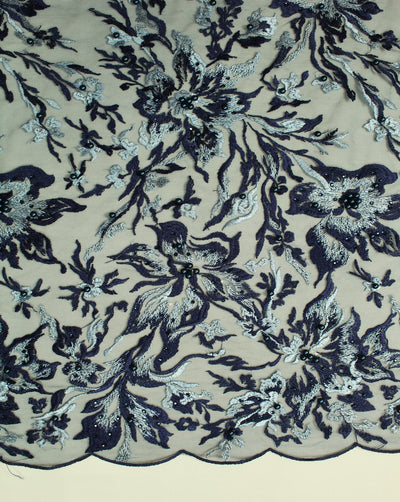 Blue And Sky Blue Floral Polyester Net Embroidered Fabric