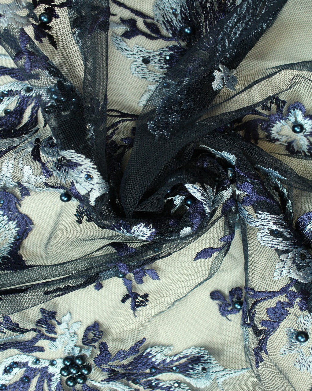 Blue And Sky Blue Floral Polyester Net Embroidered Fabric