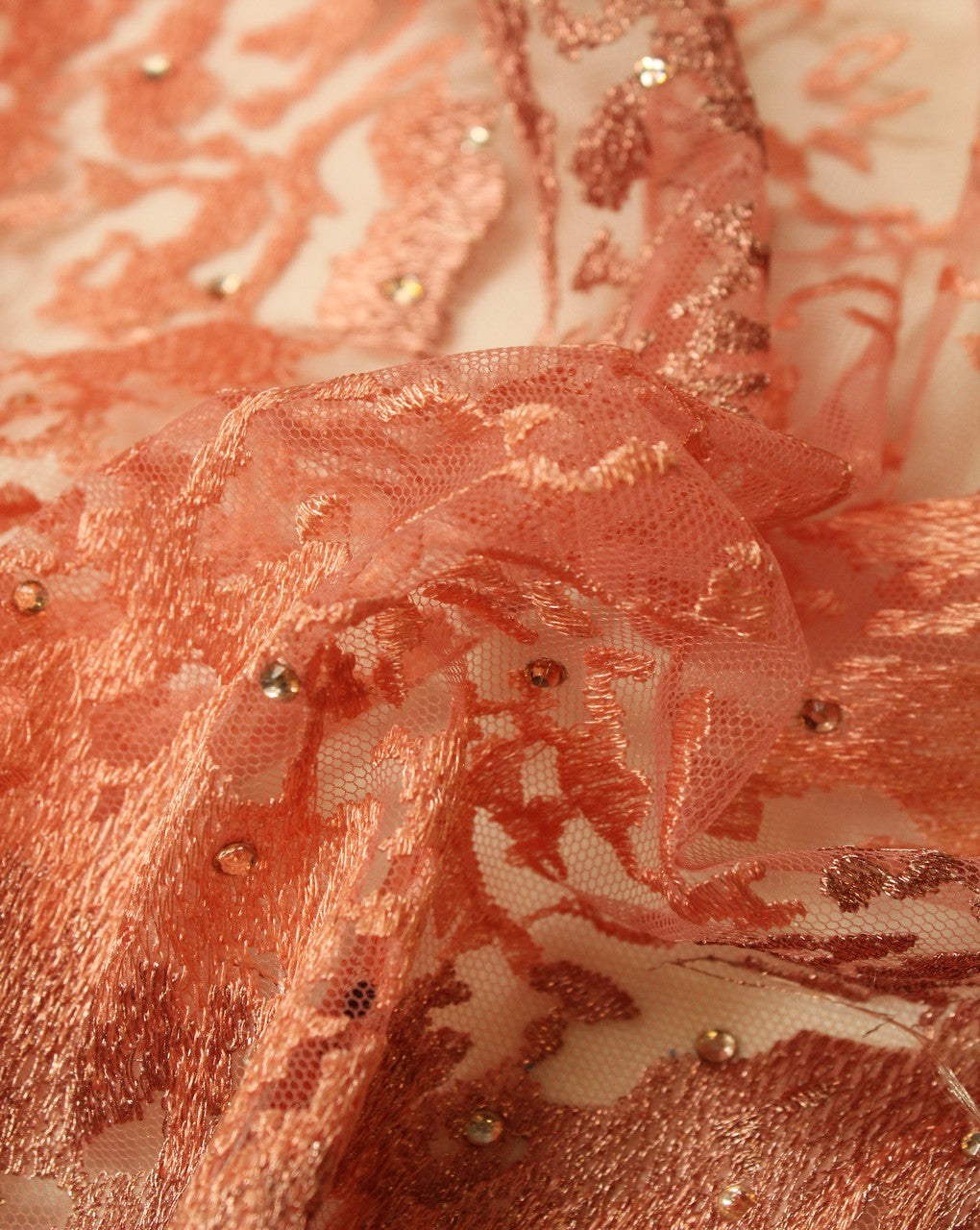 Pink And Gold Abstract Polyester Net Embroidered Fabric