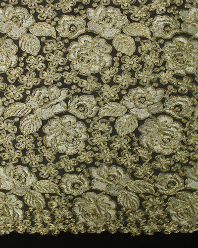 White And Gold Floral Polyester Net Embroidered Fabric