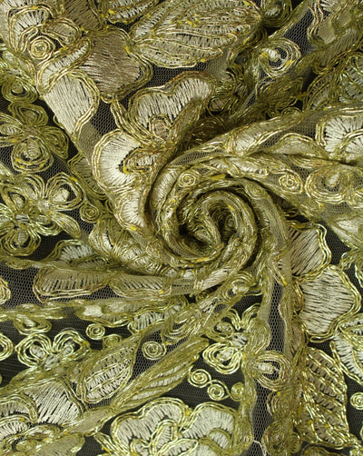 White And Gold Floral Polyester Net Embroidered Fabric