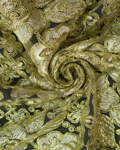 White And Gold Floral Polyester Net Embroidered Fabric