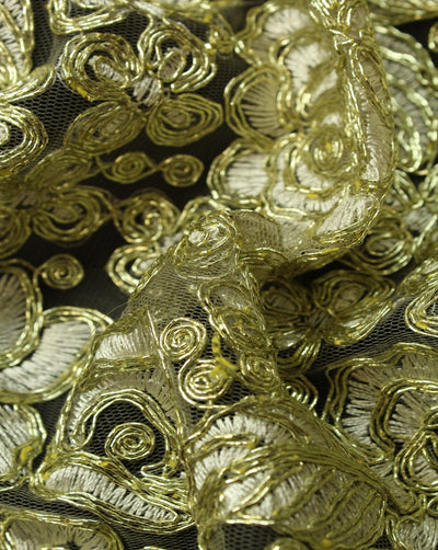 White And Gold Floral Polyester Net Embroidered Fabric