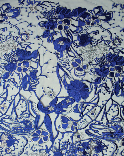 Blue And Silver Floral Polyester Net Embroidered Fabric