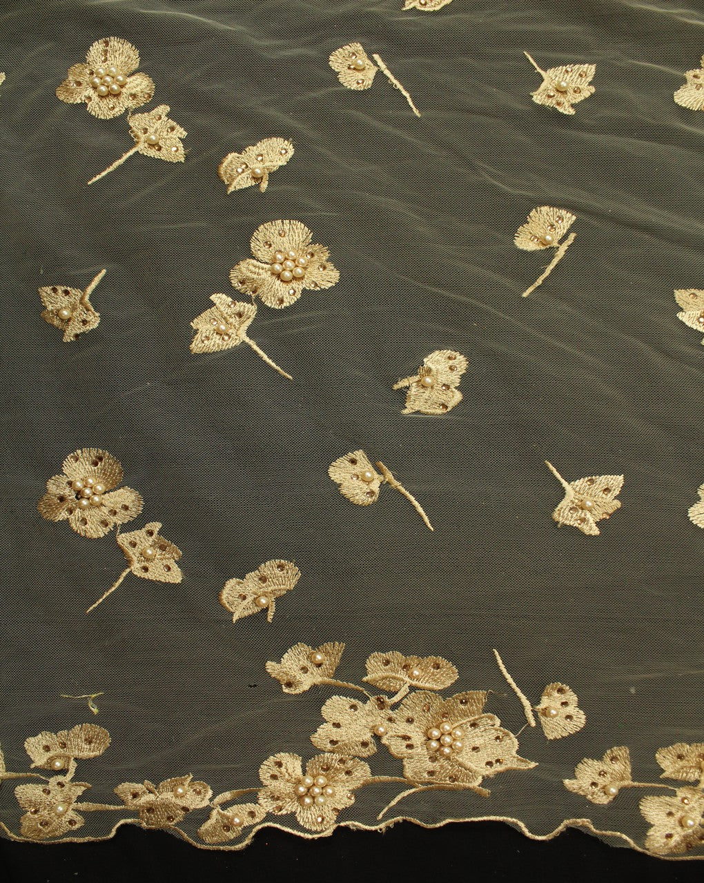 Grey And Gold Floral Polyester Net Embroidered Fabric