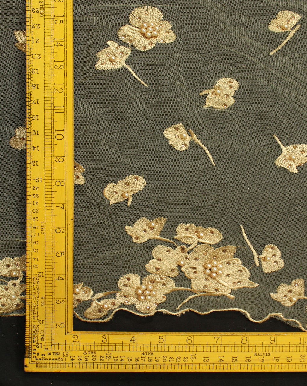 Grey And Gold Floral Polyester Net Embroidered Fabric