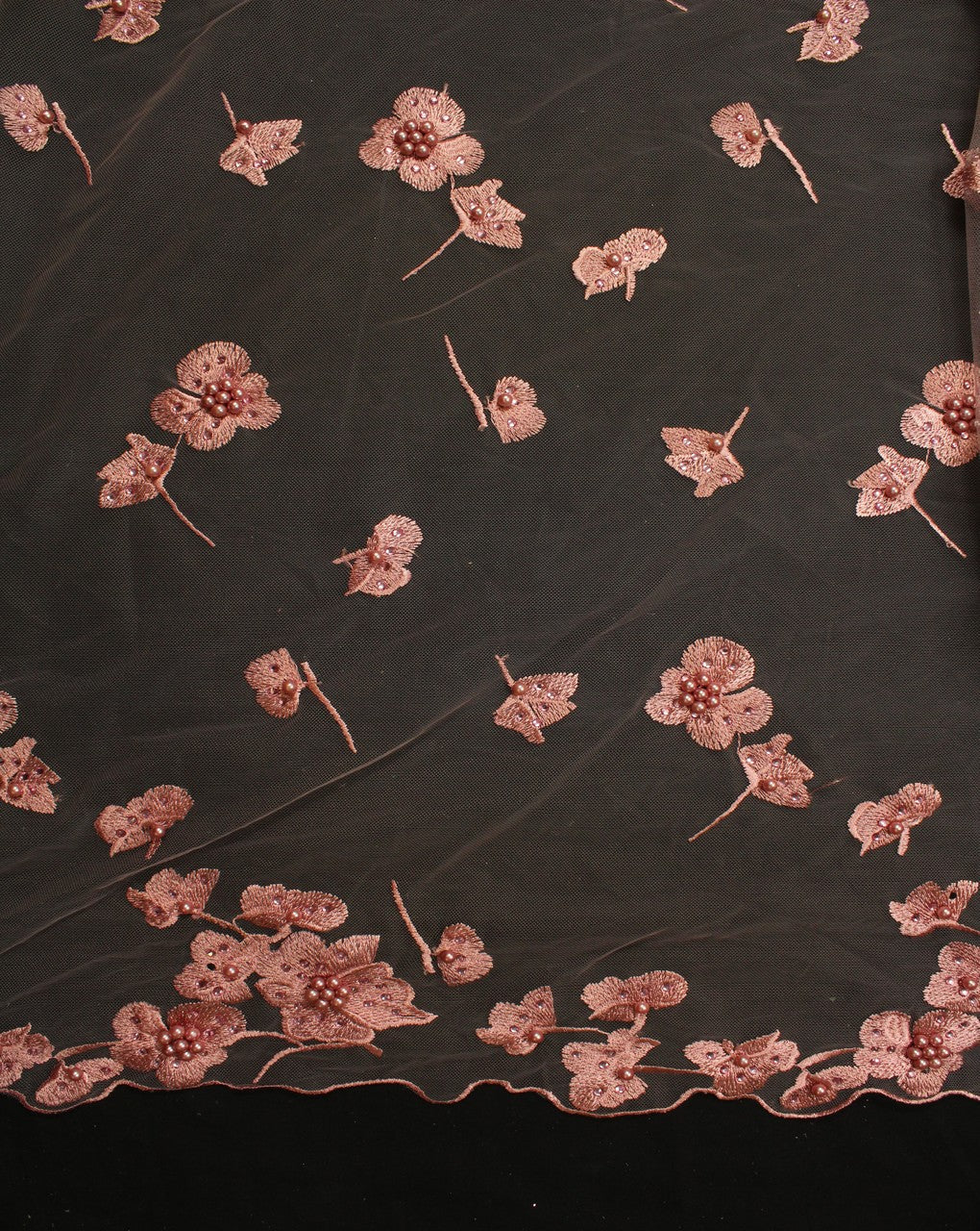 Pink And Pink Floral Polyester Net Embroidered Fabric